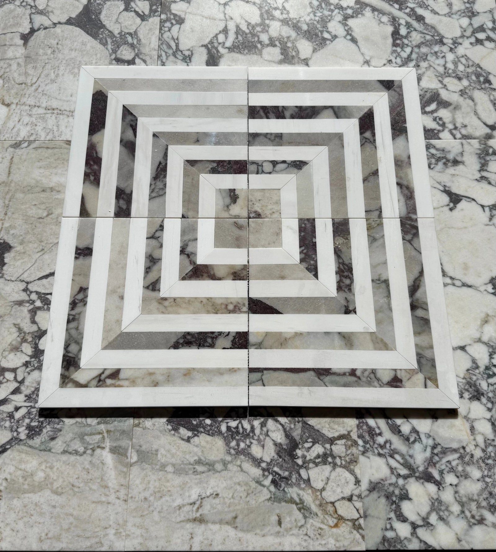 Calacatta Viola Marble Geometrica mosaic tile set (4 pc) with white-gray marble and purple veining