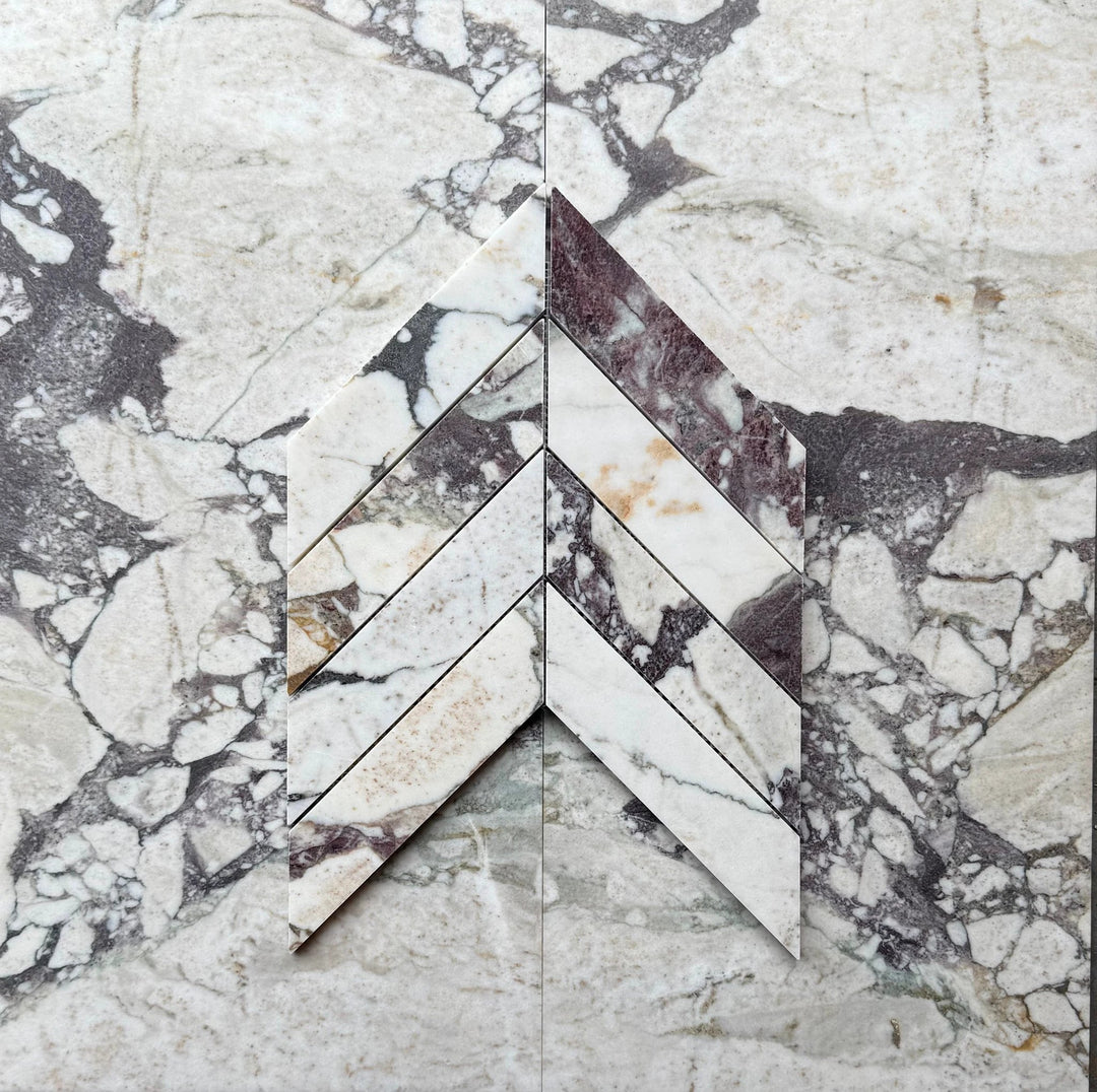 Calacatta Viola marble 2x8 Chevron Mosaic tiles, set of five, Tilehouz wall &amp; ceiling tile