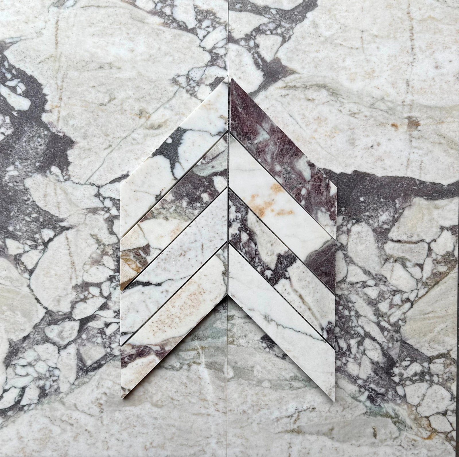 Calacatta Viola marble 2x8 Chevron Mosaic tiles, set of five, Tilehouz wall & ceiling tile