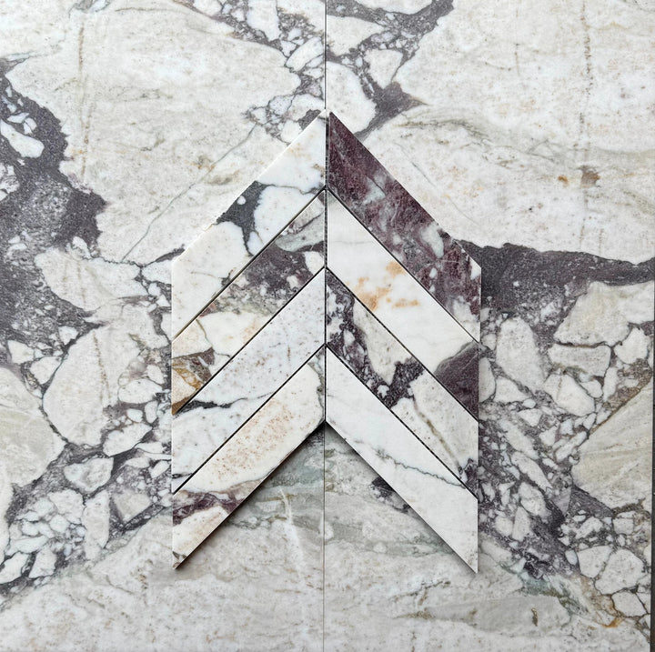 Calacatta Viola marble 2x8 Chevron Mosaic tiles, set of five, Tilehouz wall &amp; ceiling tile