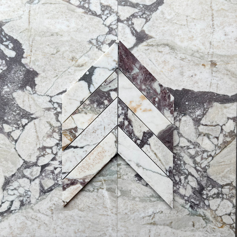 Calacatta Viola Marble 2x8 Chevron Mosaic