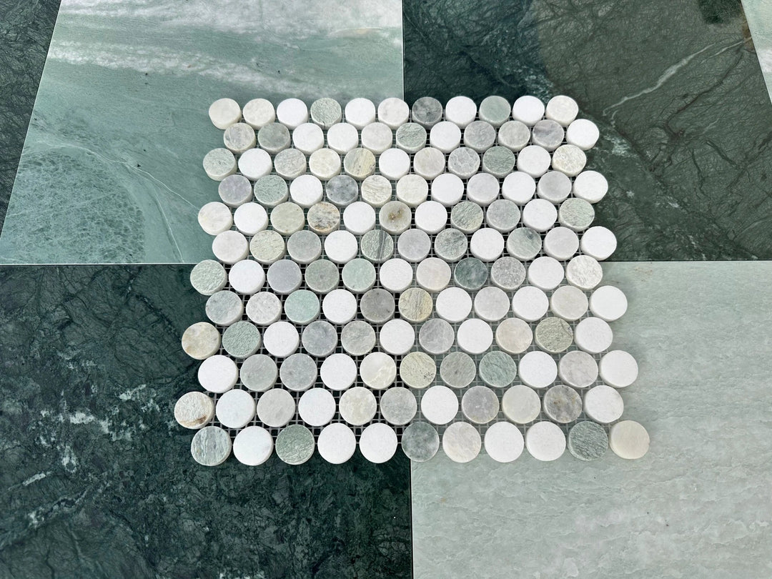 Ming Green Marble 1in Mix Penny Honed Mosaic by Tilehouz for wall &amp; ceiling tile installations, variegated greens