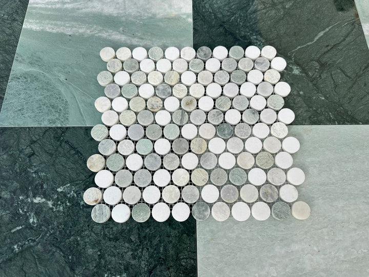 Ming Green Marble 1in Mix Penny Honed Mosaic by Tilehouz for wall &amp; ceiling tile installations, variegated greens
