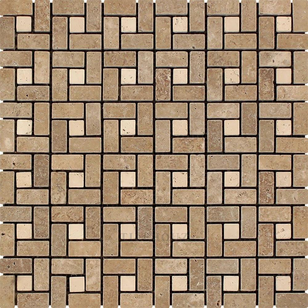 Travertine mosaic tile 5/8 x 1 1/4 Noce with ivory dots, mini pinwheel pattern