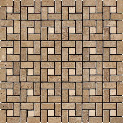 5/8 X 1 1/4 Tumbled Noce Travertine Mini Pinwheel Mosaic Tile W/ Ivory Dots Tiles