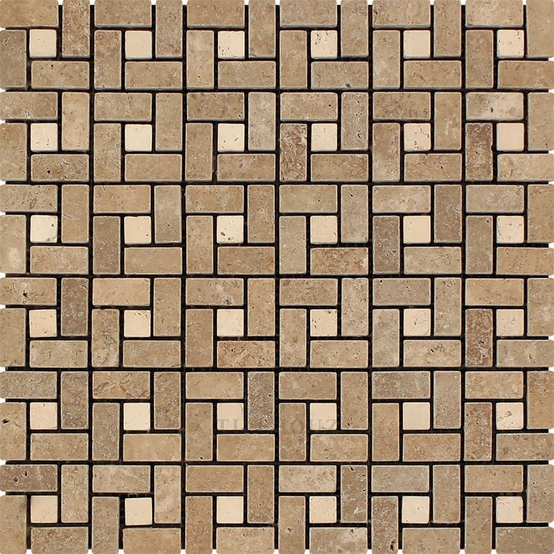 5/8 X 1 1/4 Tumbled Noce Travertine Mini Pinwheel Mosaic Tile W/ Ivory Dots Tiles