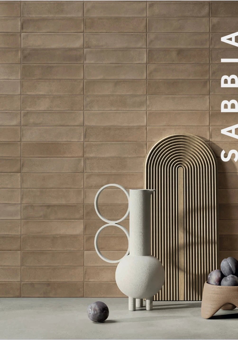 Cruda Brick Sabbia porcelain tile 2x8 by Tilehouz, sand-brown brick-look, 4.8x20 cm