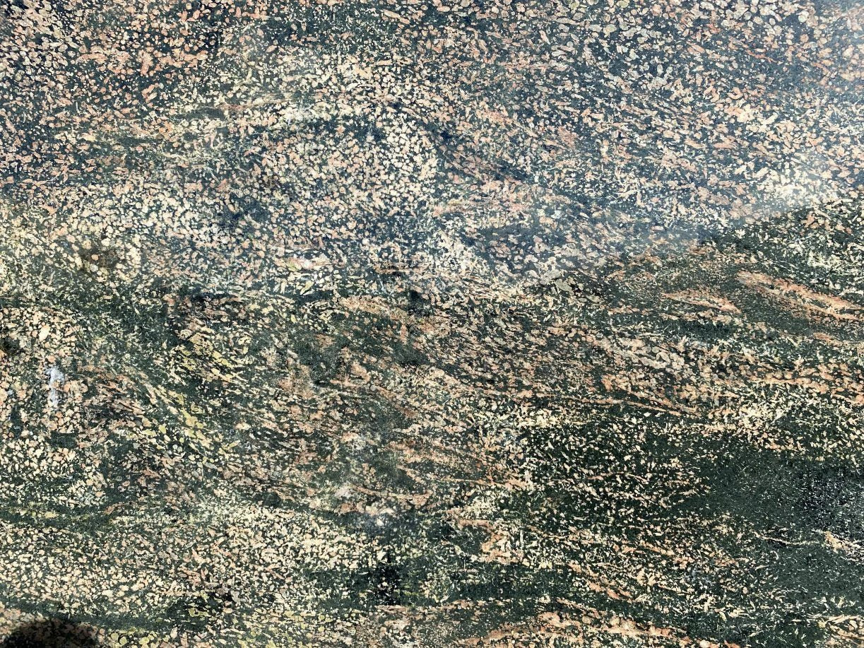 Granite slab New Verde Fuoco polished finish, dark green with gold flecks, 91 x 64