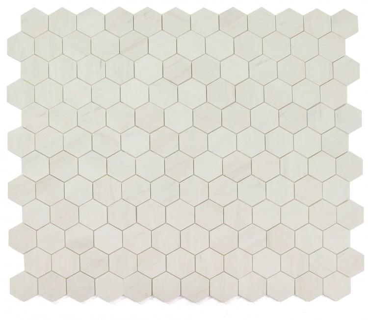 Bianco Dolomite 3” hexagon marble mosaic tile sheet by Tilehouz, polished/honed cream-white.