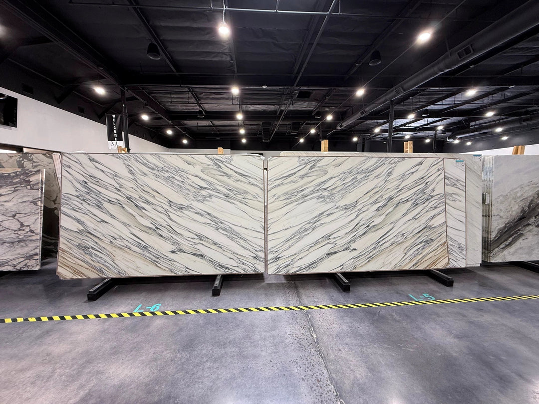ARABESCATO CORCHIA marble slab by Tilehouz, honed finish, white with gray veins, two slabs on display
