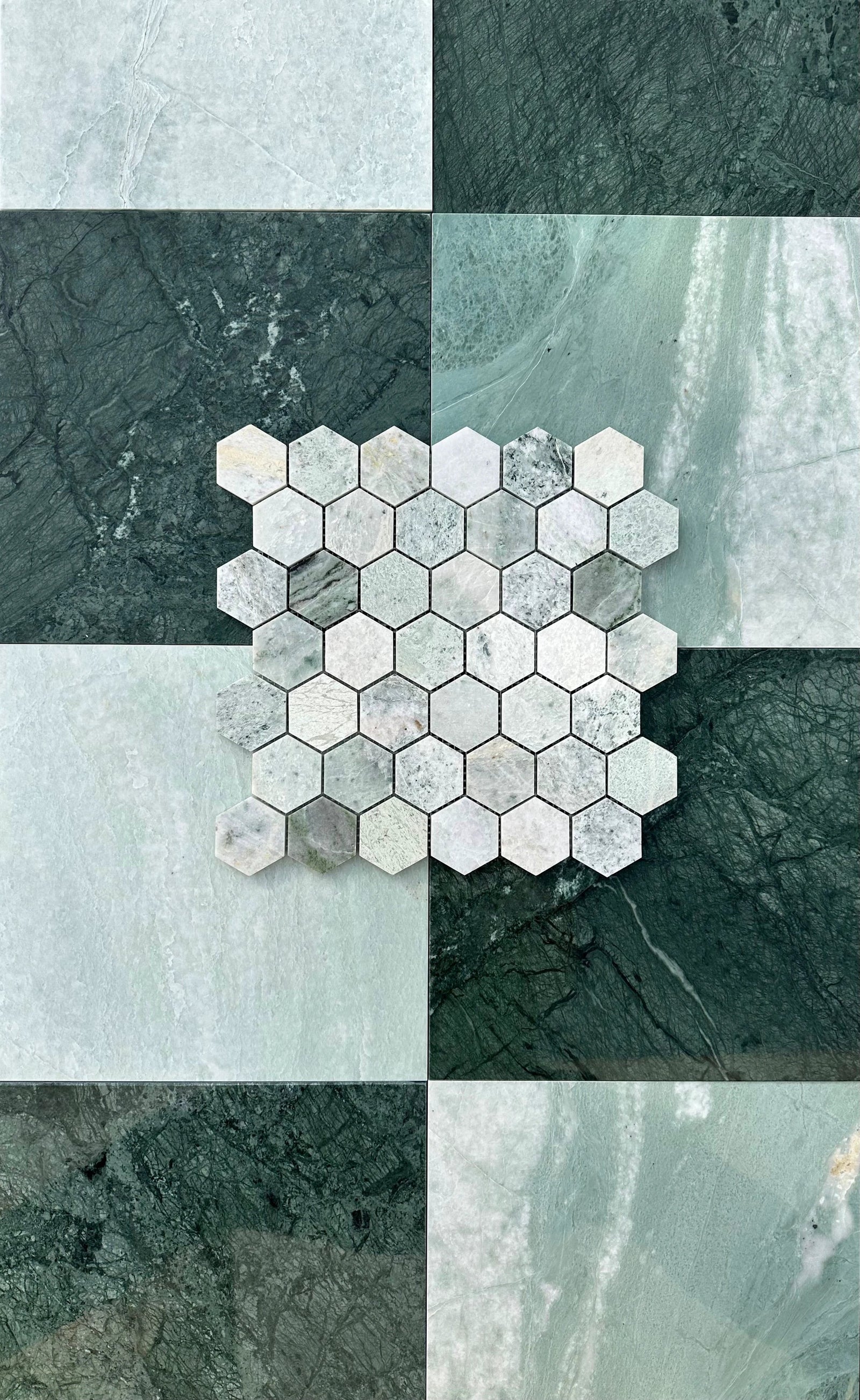 Tilehouz Ming Green Marble 2” hexagon mosaic tile for wall & ceiling; green marble hex mosaic.