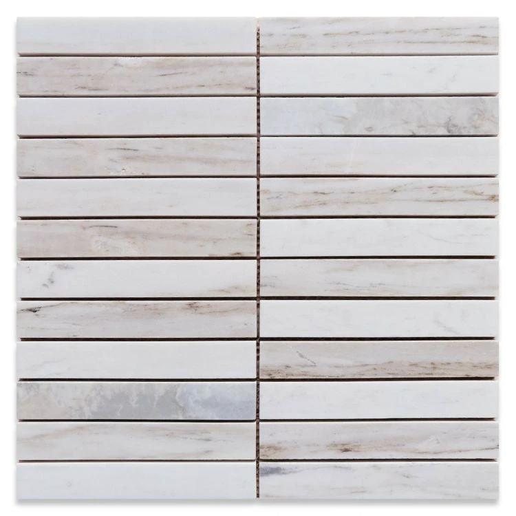 Slot Eura Wood Honed marble mosaic tile by Tilehouz; linear stacked wall/ceiling tile, 11.75 x 11.75