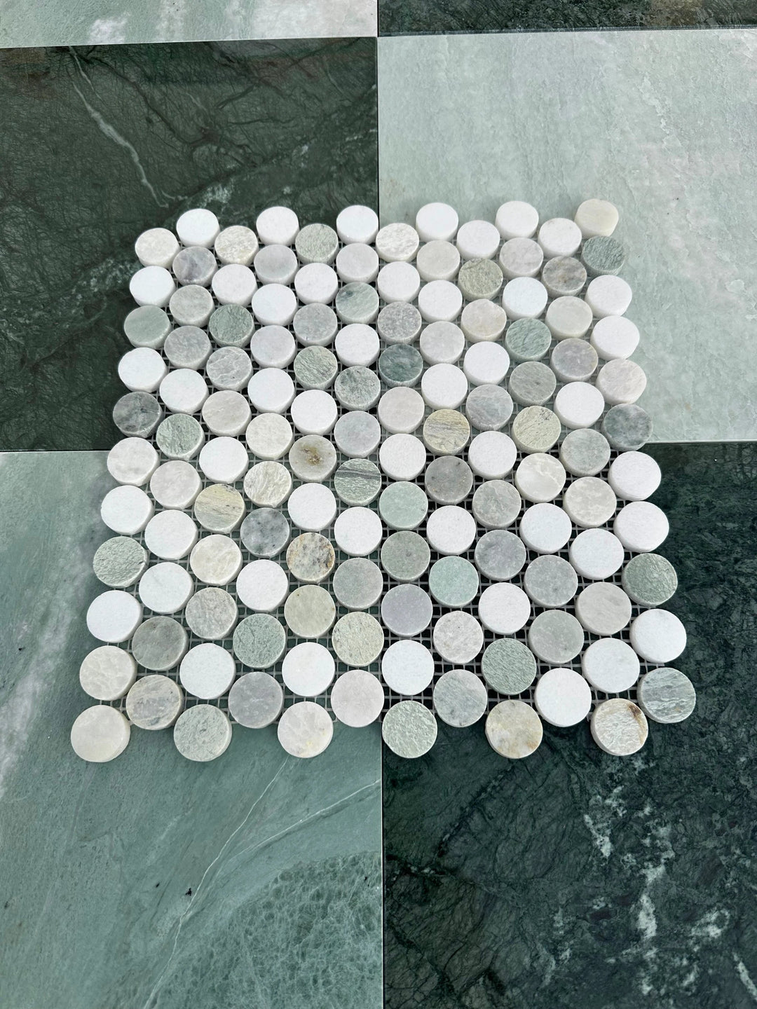 Ming Green Marble 1-inch Mix Penny Mosaic, honed marble by Tilehouz for wall &amp; ceiling tiles