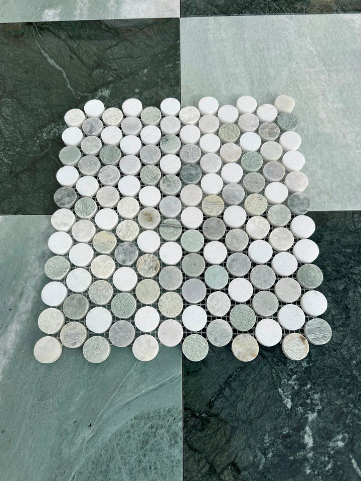 Ming Green Marble 1-inch Mix Penny Mosaic, honed marble by Tilehouz for wall &amp; ceiling tiles