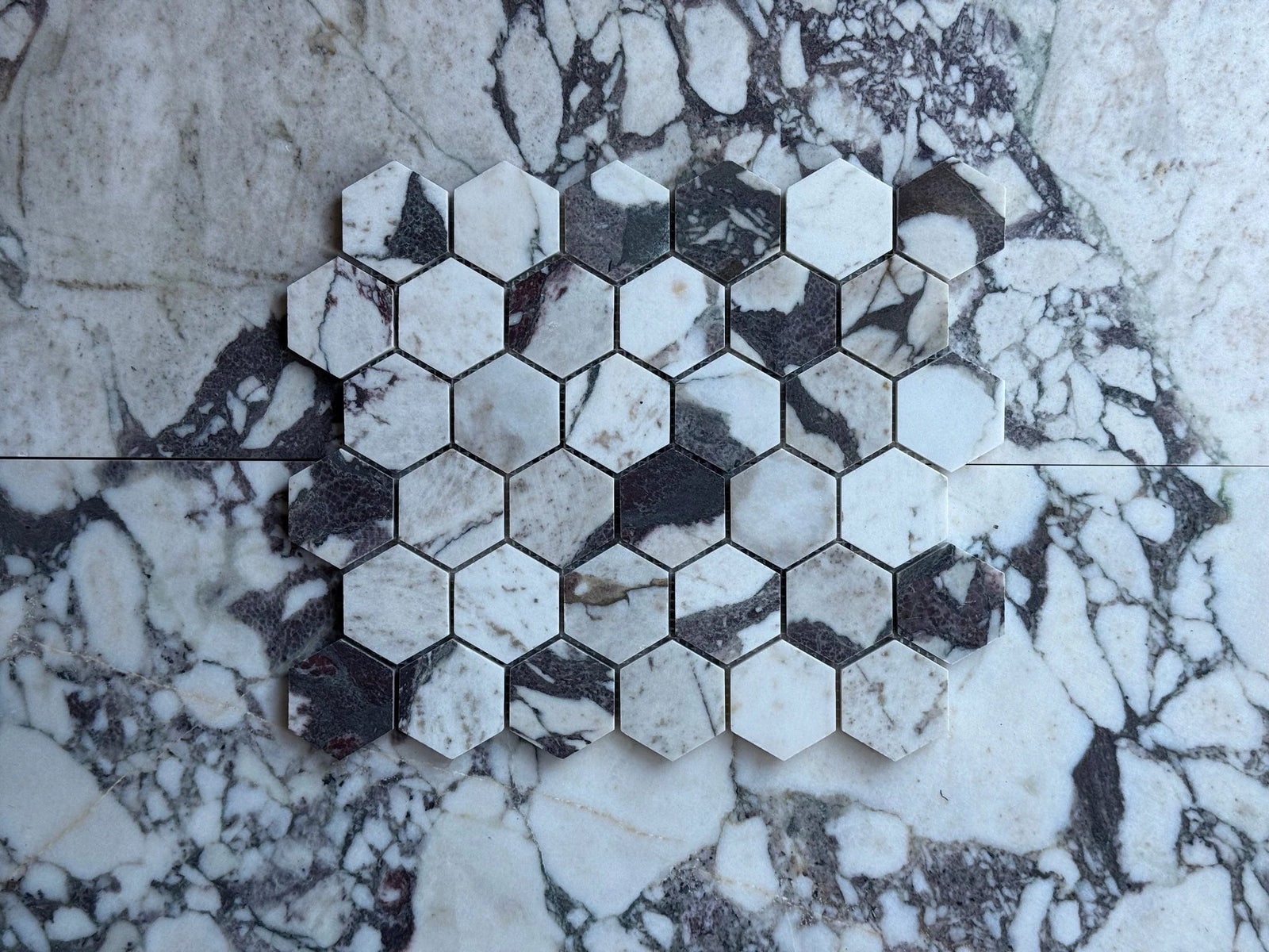 Calacatta Viola Marble 2in Hexagon Mosaic tile; white/gray-veined marble for wall & ceiling tile