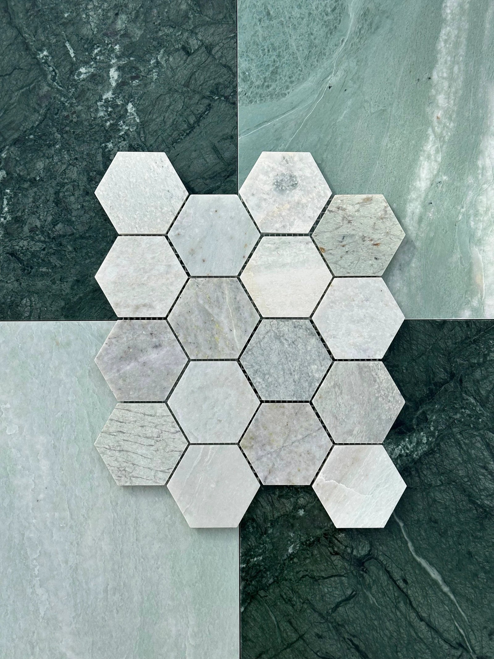 Ming Green Marble 3in Hexagon Mosaic tile by Tilehouz for wall & ceiling use; green-grey marble hex tiles