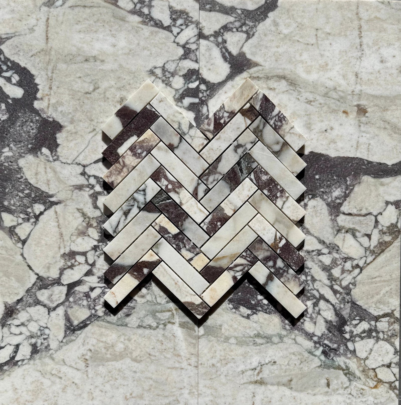 Calacatta Viola Marble 1x4 Herringbone Mosaic tile for walls, white with purple veining, Tilehouz