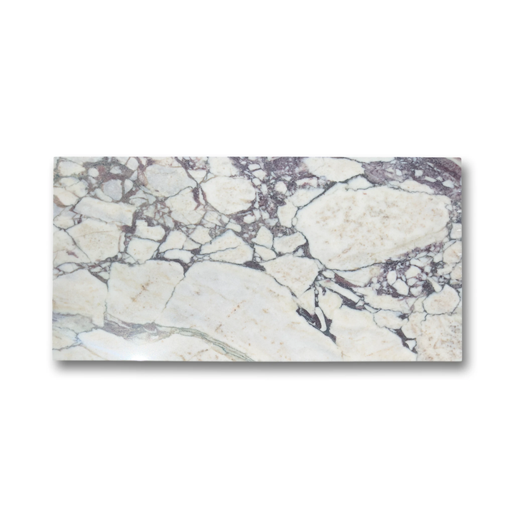 Calacatta Viola Marble Tile 12x24; white with purple veining for wall and ceiling applications.