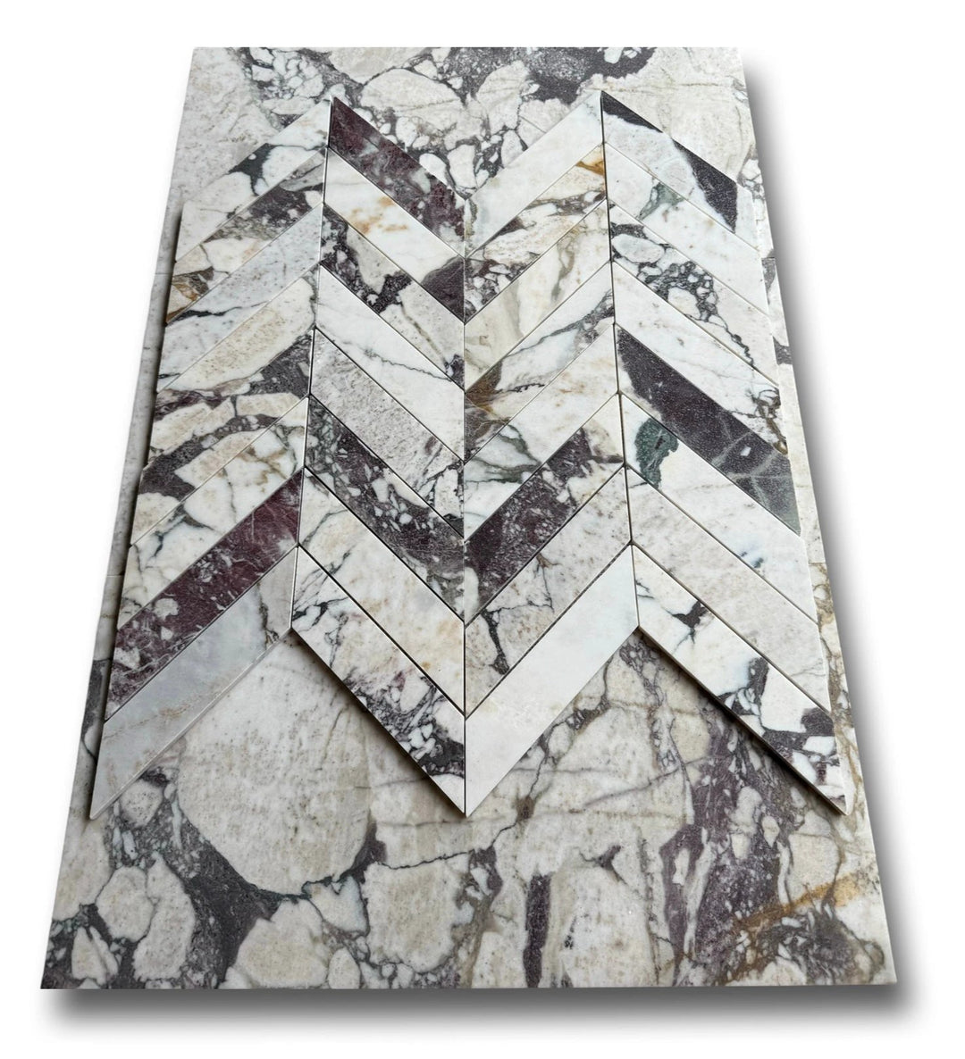 Calacatta Viola marble 2x8 chevron mosaic tile by Tilehouz; white with violet veining; set of 4 sheets.