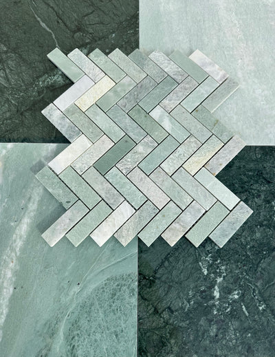 Ming Green Marble 1x3 Herringbone Mosaic