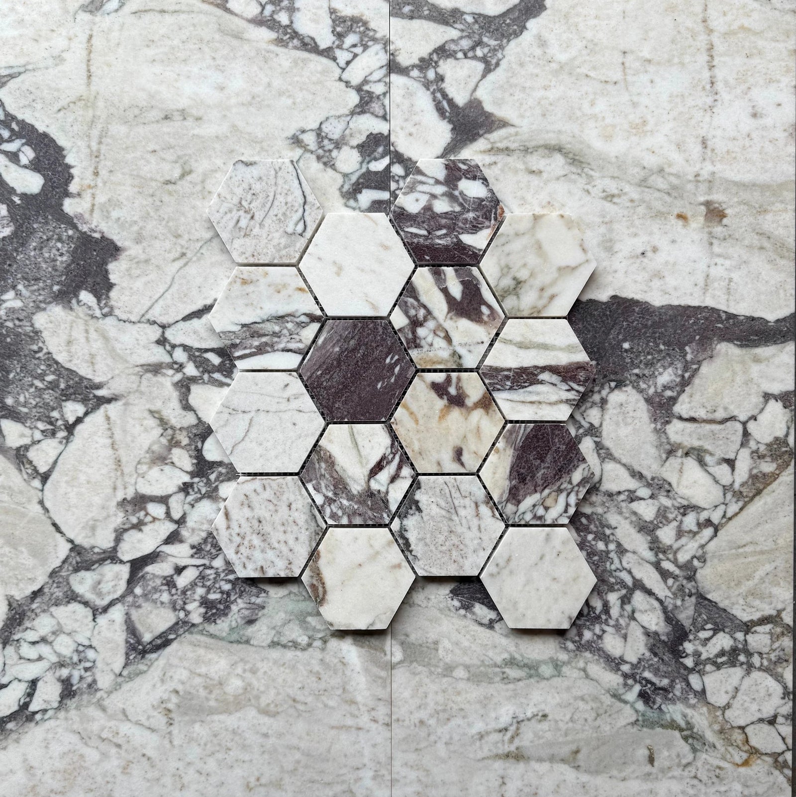 Tilehouz Calacatta Viola marble 3-inch hexagon mosaic sheet