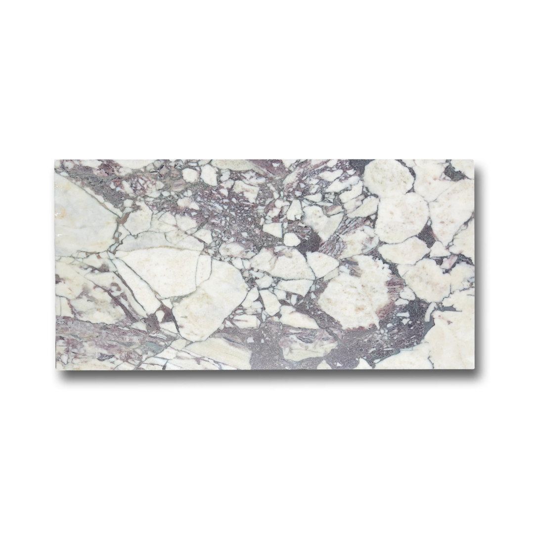 Calacatta Viola marble tile 12x24 by Tilehouz, wall &amp; ceiling tile with lavender-purple veining on creamy white base.