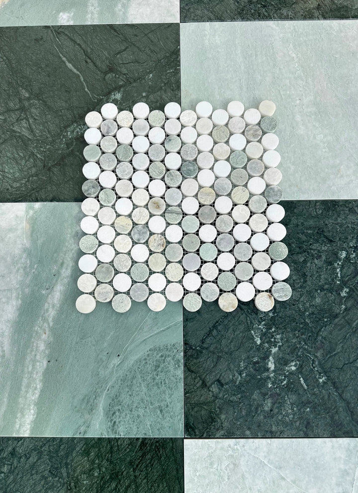 Ming Green marble 1” mix penny mosaic sheet, honed finish, Tilehouz