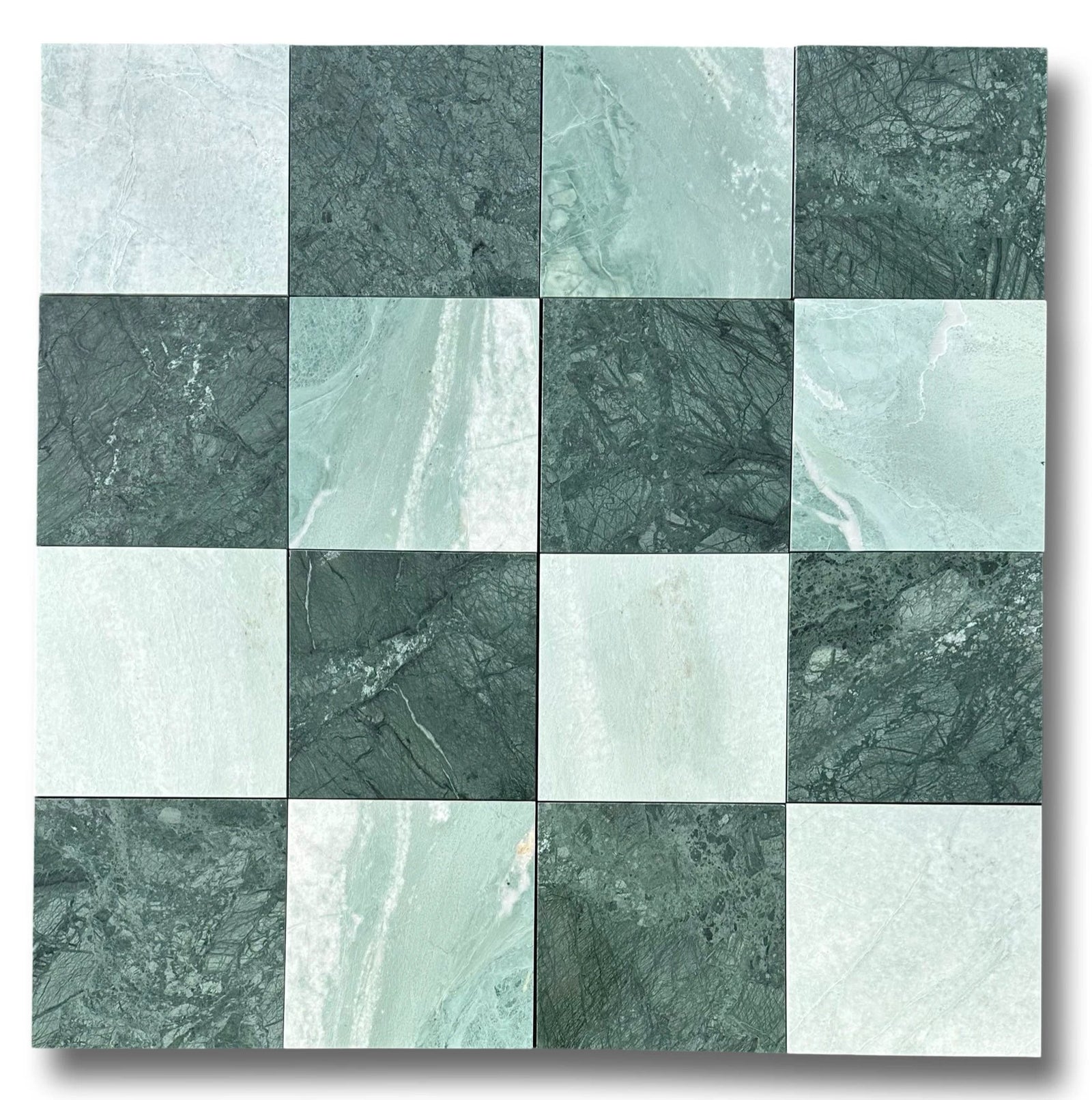 Checkerboard Ming Green & India Green marble tile bundle; 16 wall & ceiling tiles by Tilehouz