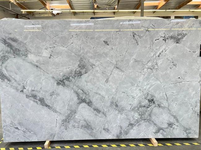 Quartzite slab Super White premium polished countertop, 129x78, Tilehouz, gray veining.