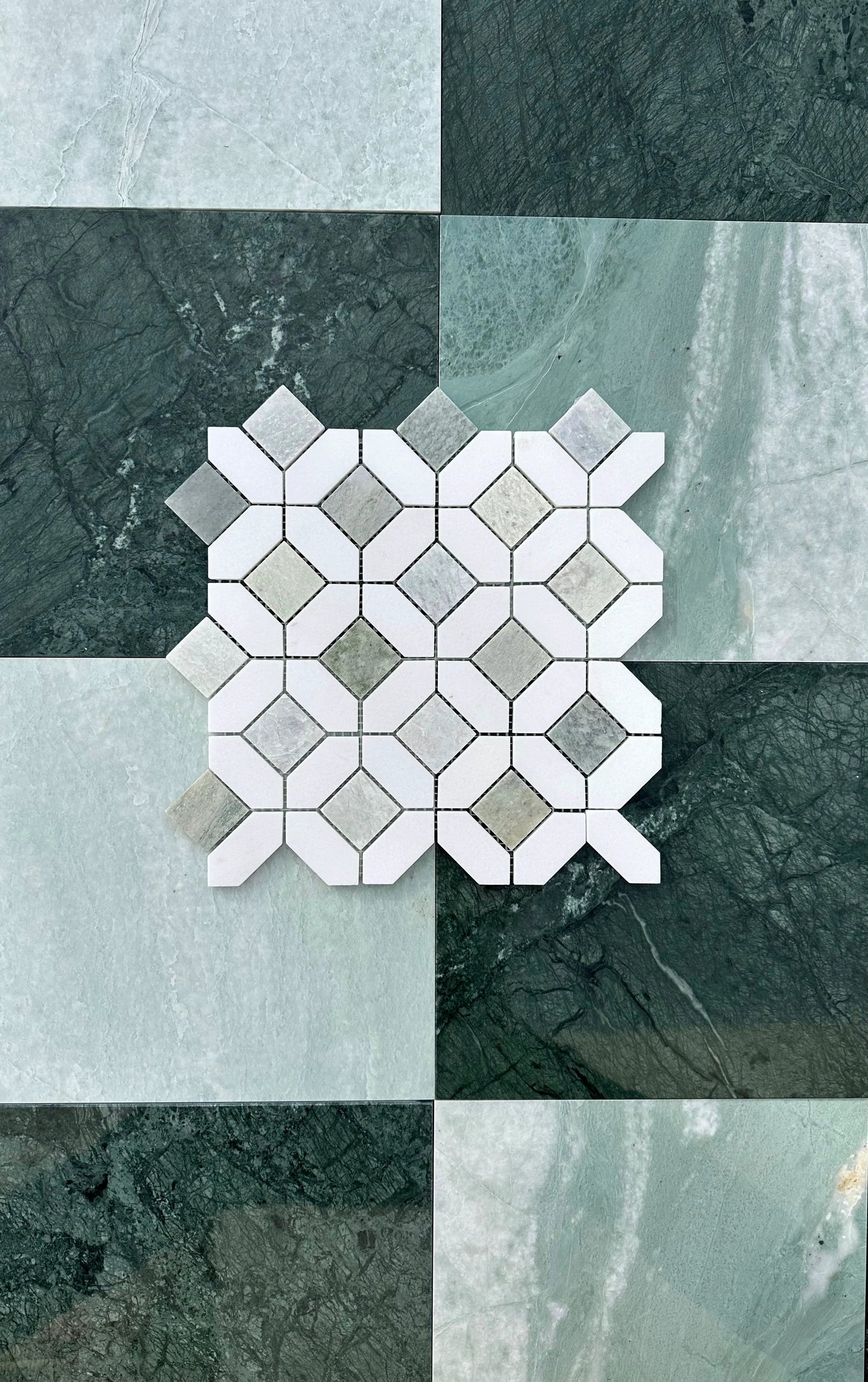 Tile Eclipse Green marble hexagon mosaic 12.25x12.25; mixed Thassos white & Ming Green by Tilehouz for wall & ceiling