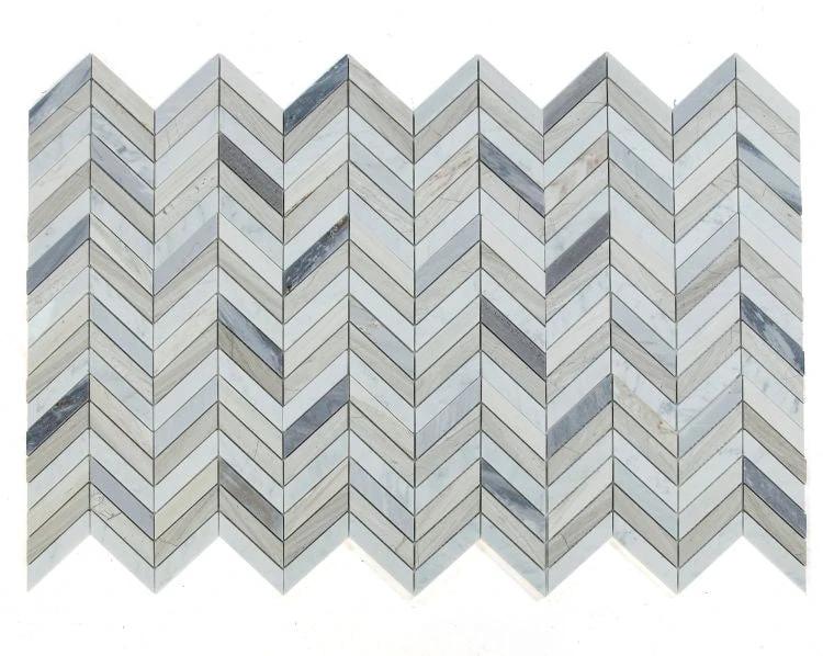 Chevron Blue 8x12 marble wall tile by Tilehouz in blue-gray chevron mosaic pattern