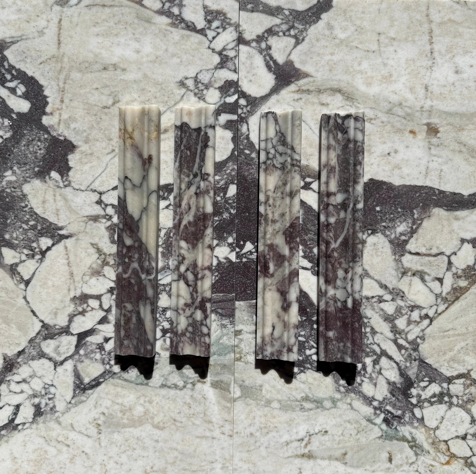 Calacatta Viola marble Milano chair-rail 2x12, set of six, purple-veined white marble
