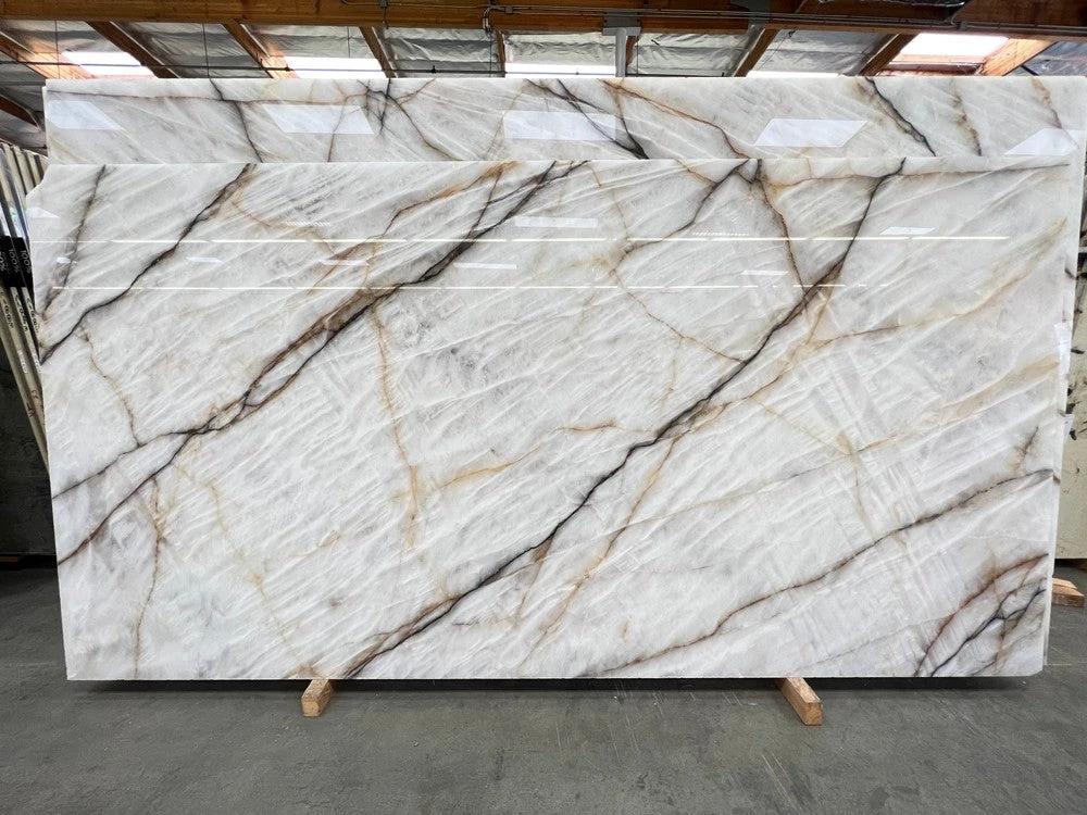 Cristallo Slab countertop in Bianco Exotic white with bold gray-brown veining, polished 126x75