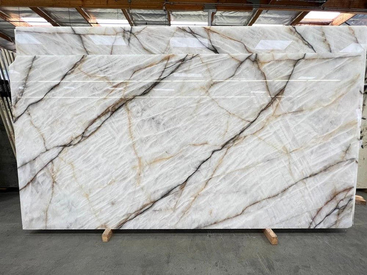 Cristallo Slab countertop in Bianco Exotic white with bold gray-brown veining, polished 126x75