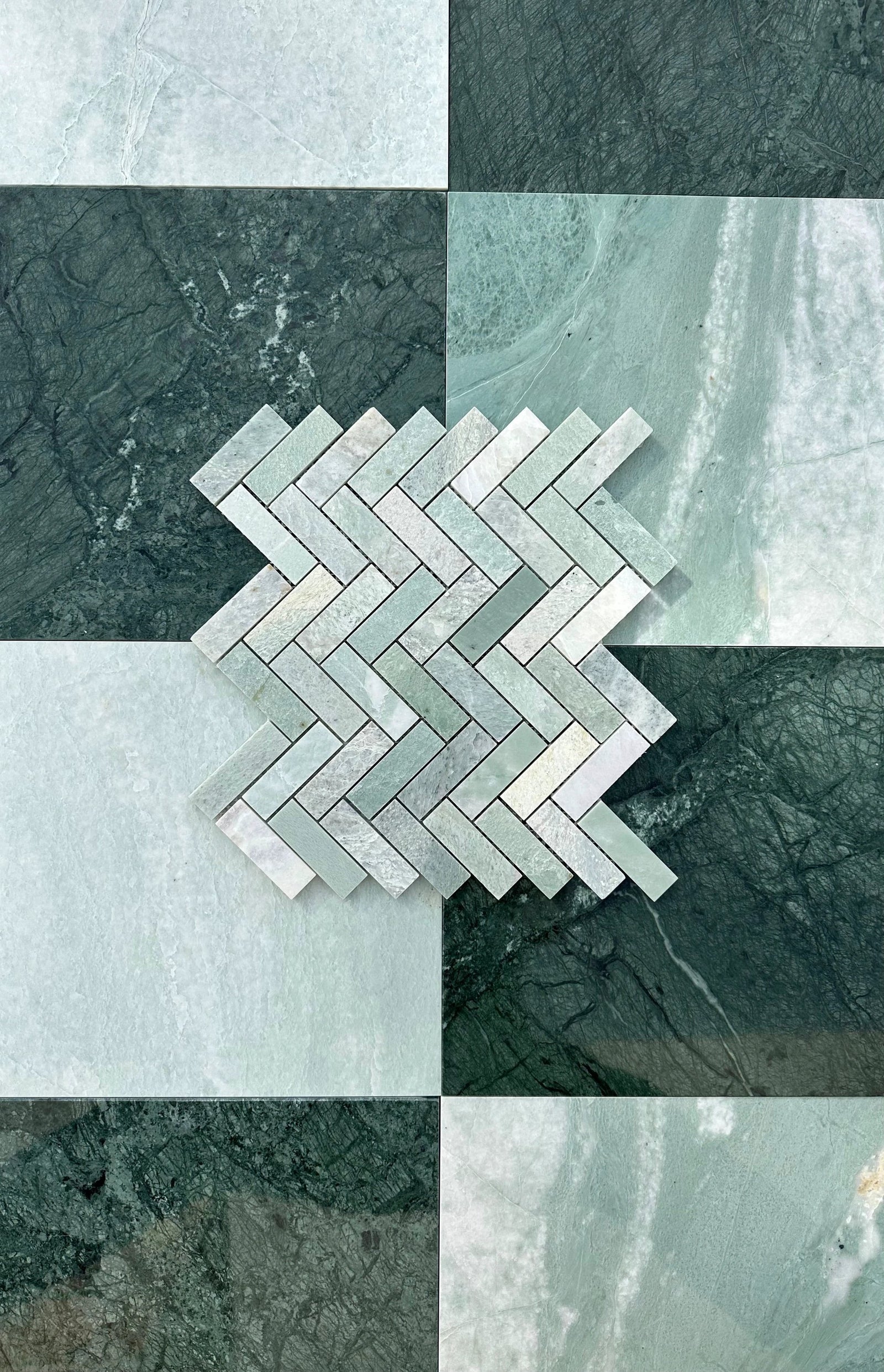 Ming Green Marble 1x3 Herringbone Mosaic by Tilehouz for walls and ceilings, green marble tile