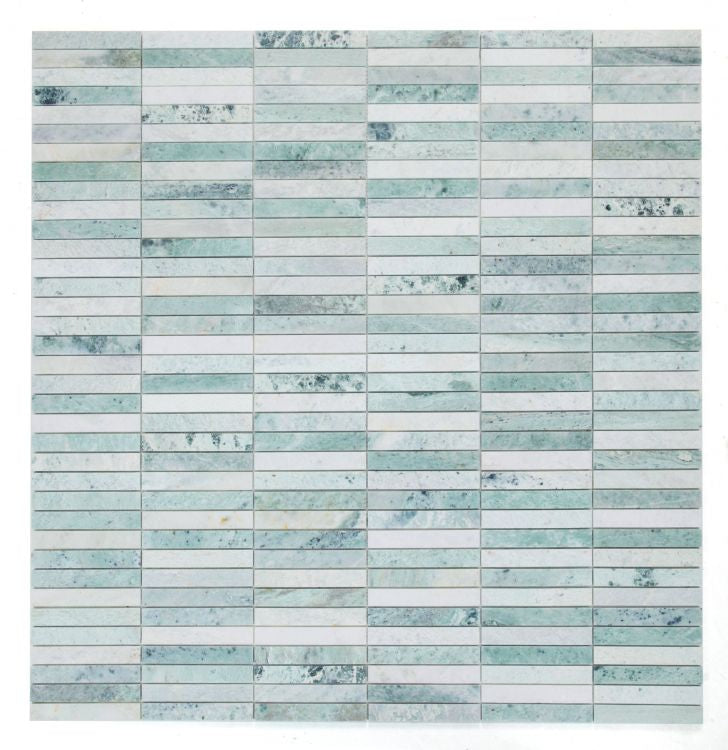 Ming Green Marble 1x6 Slot wall tile mosaic by Tilehouz in jade-green tones