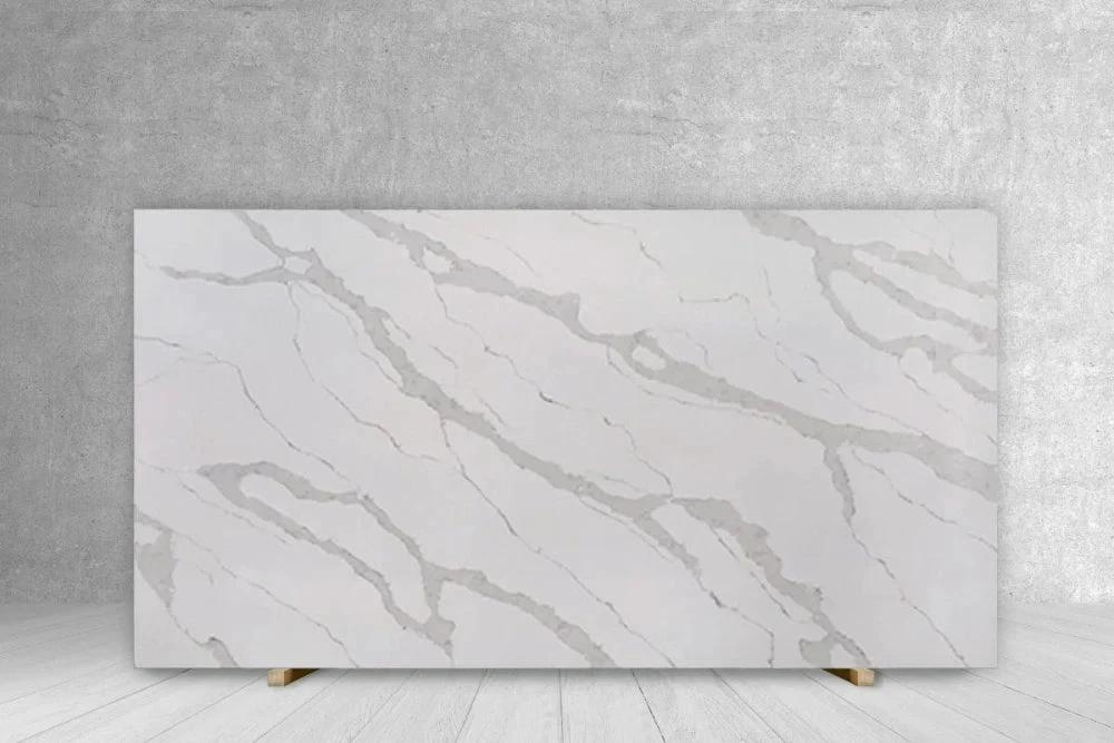 AQ Calacatta Traslux quartz slab countertop; white with gray veining