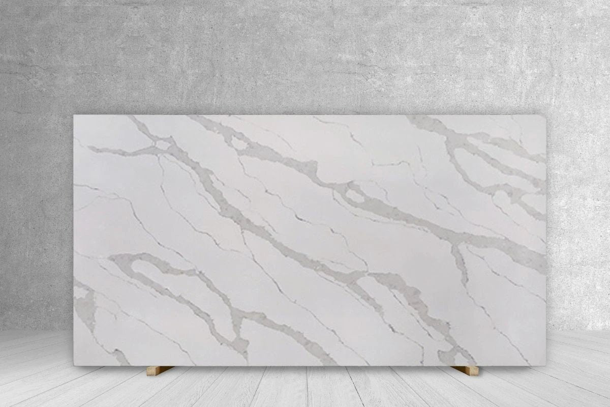 Quartz slab countertop Tilehouz AQ Calacatta Traslux, polished white with gray veining, 127 x 64, 3/4 in thick.