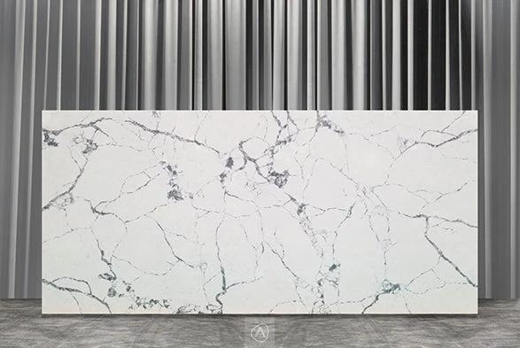 AQ Invisible Light quartz polished slab for countertops; white with gray veining, 126 x 63, 3/4 in thick