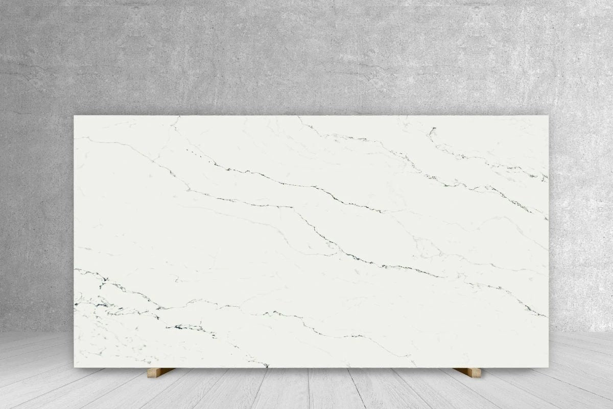 AQ BIANCO MACAUBA quartz slab, polished white with grey veining, 126 x 63 cm, Tilehouz countertops