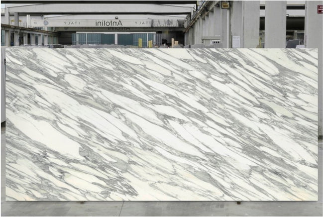 Polished ARABESCATO CORCHIA TECH porcelain slab 1/2 in thick, white with gray veining, 126 x 63, for countertops