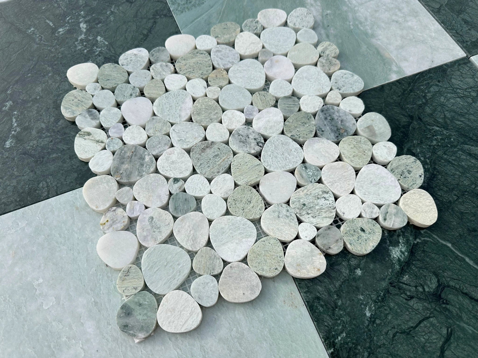Ming Green Marble Aphrodite Mosaic round pebble tiles for walls by Tilehouz