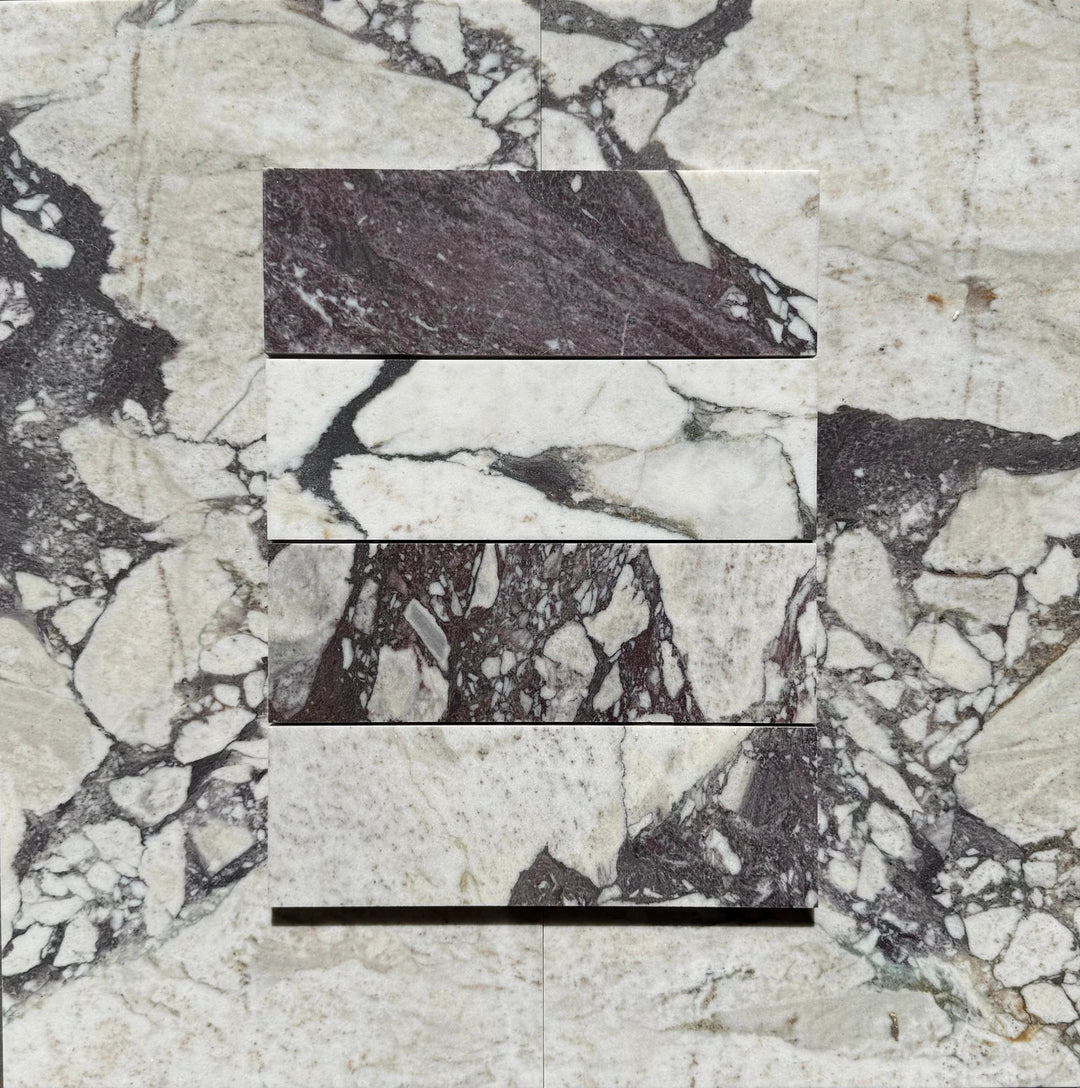 Calacatta Viola Marble Tile 4x12 by Tilehouz, white marble with bold purple veining, shown as five stacked tile samples.
