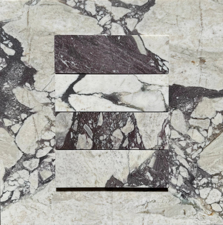 Calacatta Viola Marble Tile 4x12 by Tilehouz, white marble with bold purple veining, shown as five stacked tile samples.