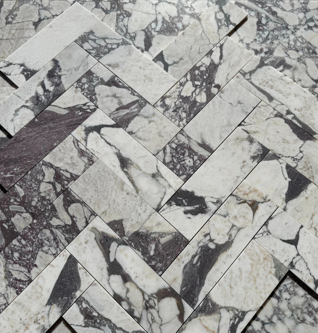 Calacatta Viola marble tile 4x12 by Tilehouz, white with dark gray veining