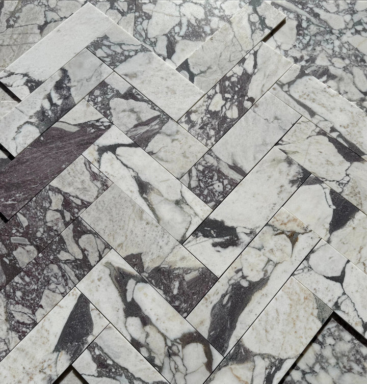 Calacatta Viola marble tile 4x12 by Tilehouz, white with dark gray veining