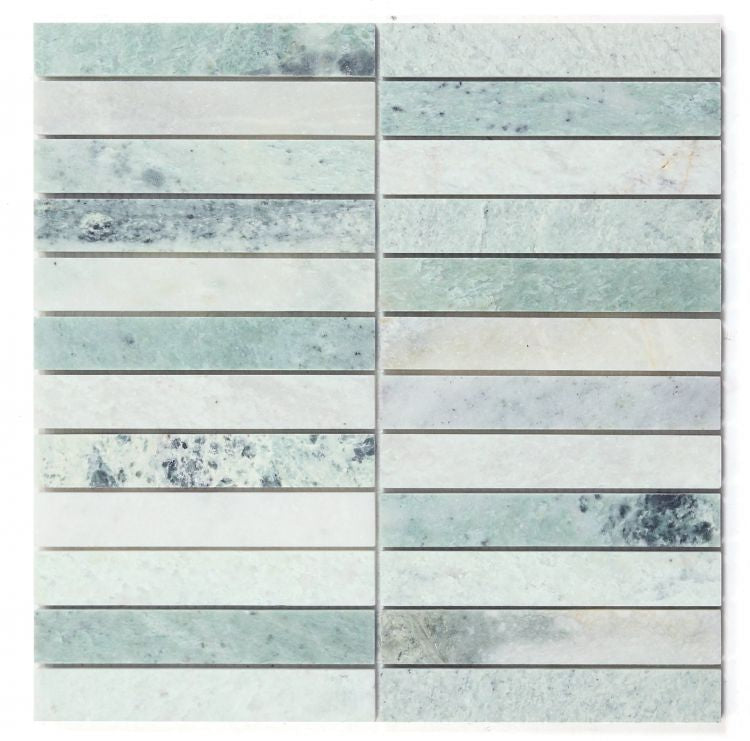 Ming Green Marble 1x6 Slot wall tile mosaic in jade green and white marble strips