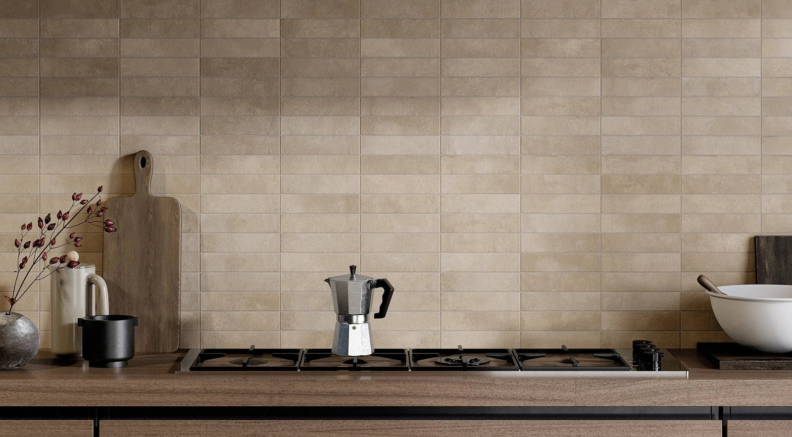Cruda brick beige porcelain tile 2x8 backsplash tile by Tilehouz, warm beige brick pattern