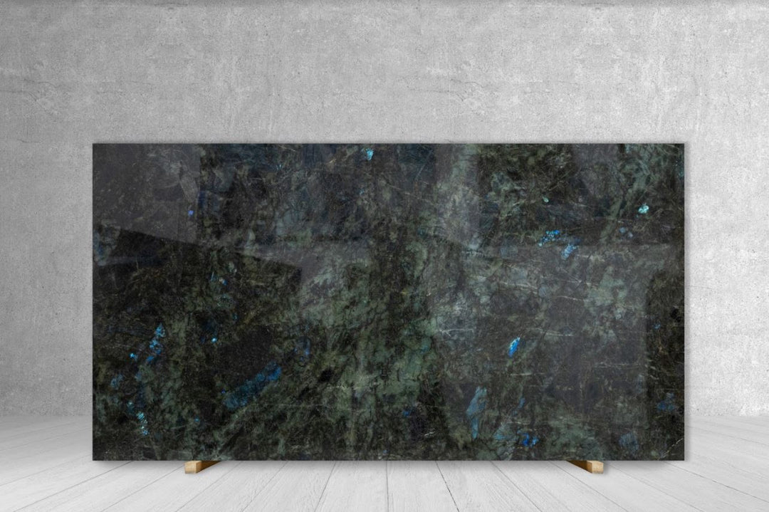 Granite Slab Aphrodite Lemurian Blue, extra polished, dark with blue flecks, 99 x 72