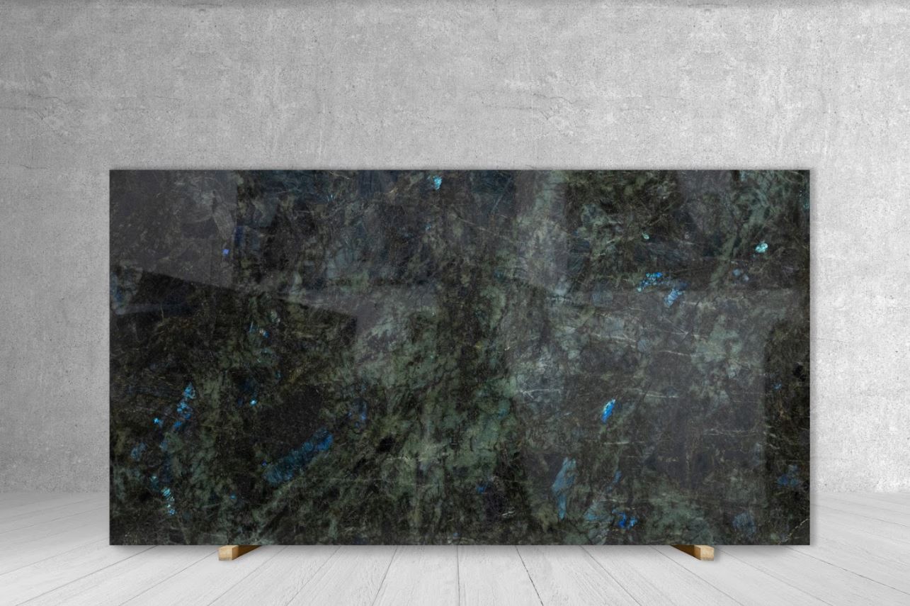 Granite Slab Aphrodite Lemurian Blue, extra polished, dark with blue flecks, 99 x 72